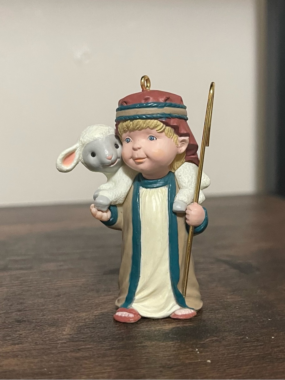 Decorative Shepherd Boy Figurine Ornament in Cream and Teal